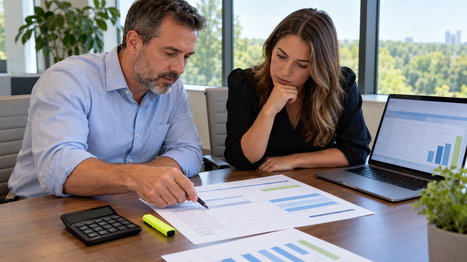 Two people at a conference table compare a printed profit and loss statement with figures on a laptop screen