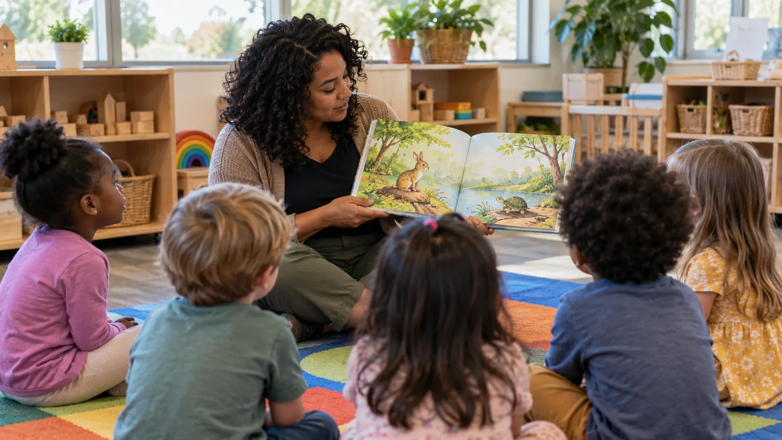 A teacher sits on a carpet reading a picture book to a small group of preschool children in a bright classroom