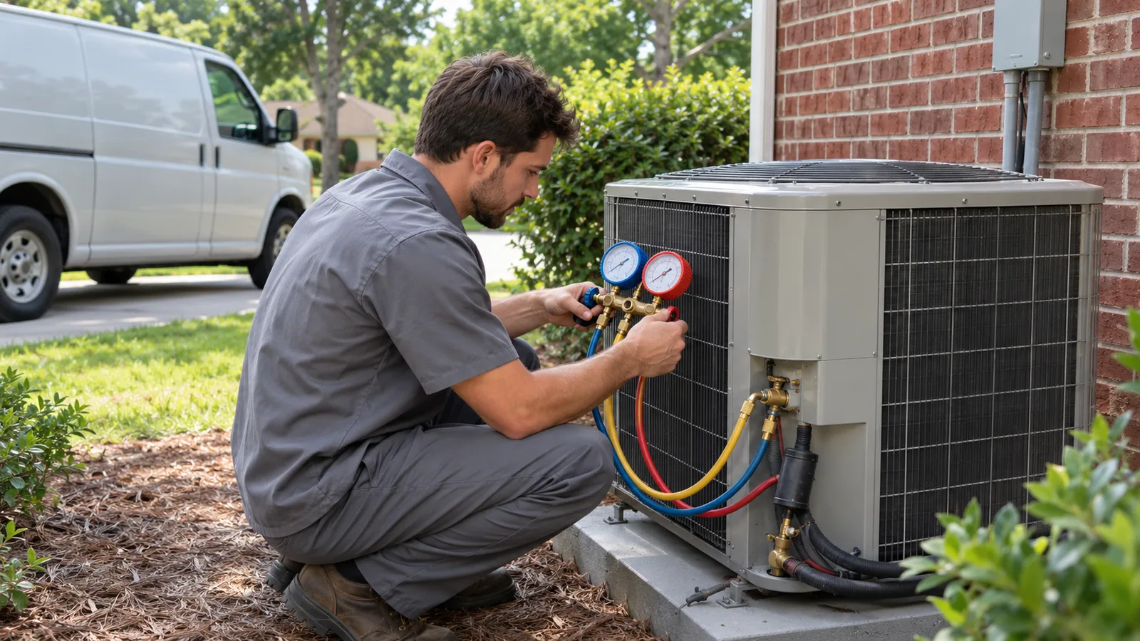 An HVAC technician in a gray uniform checks the gauges on an outdoor air conditioning unit beside a brick house