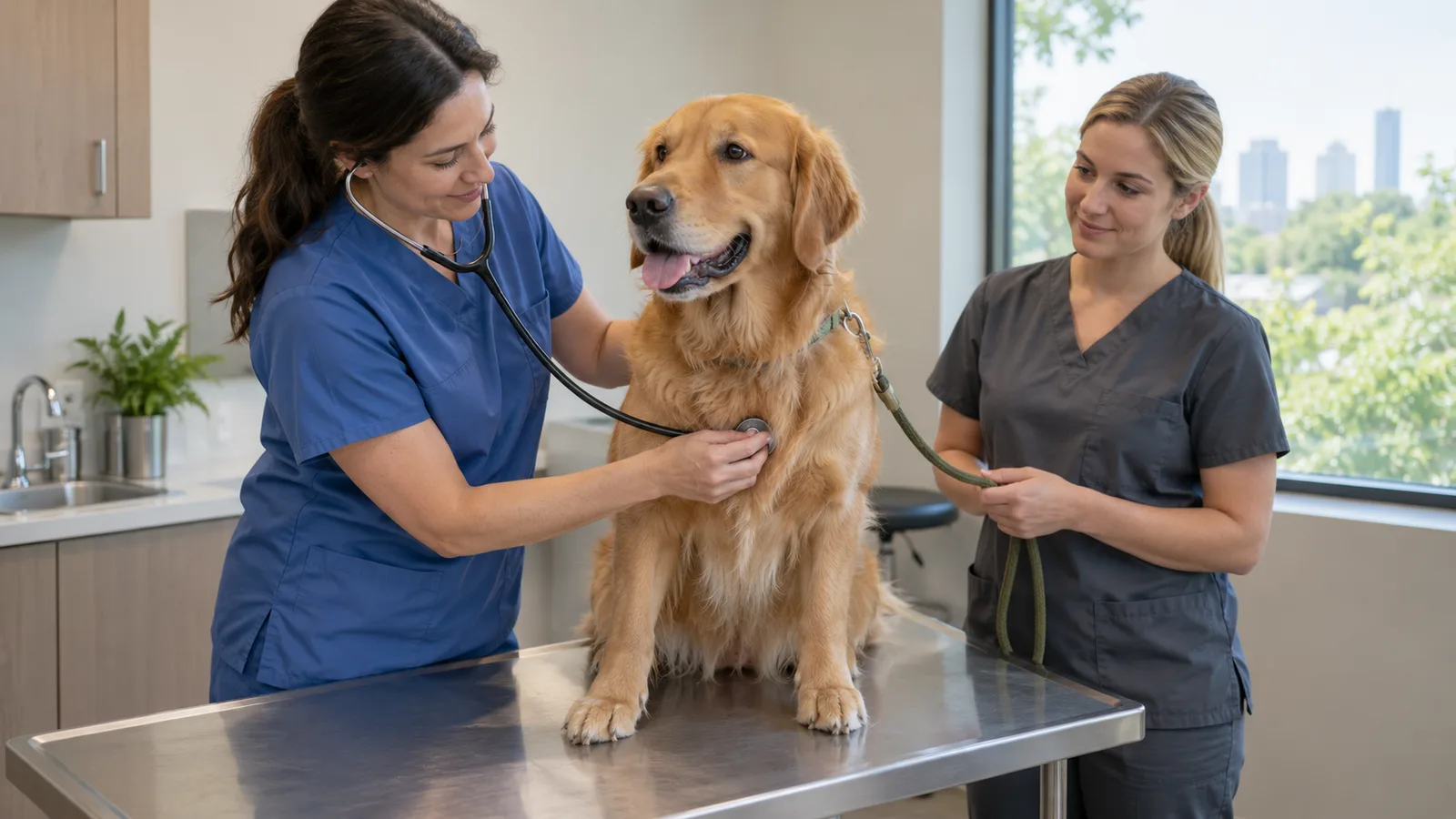 A veterinarian in blue scrubs examines a calm golden retriever on an exam table while a technician holds the leash