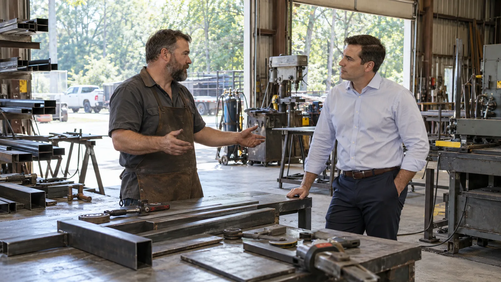 A shop owner and a visitor in business clothes talk beside a workbench in a small fabrication shop with open bay doors