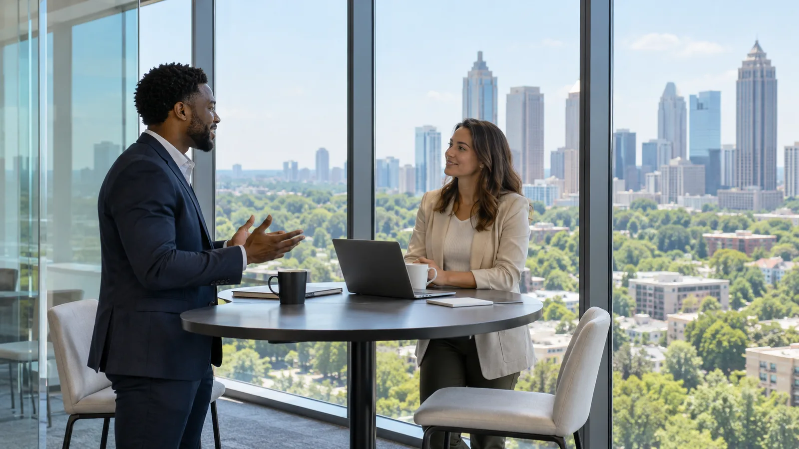 Two professionals talk at a standing table in a glass walled conference room overlooking office towers